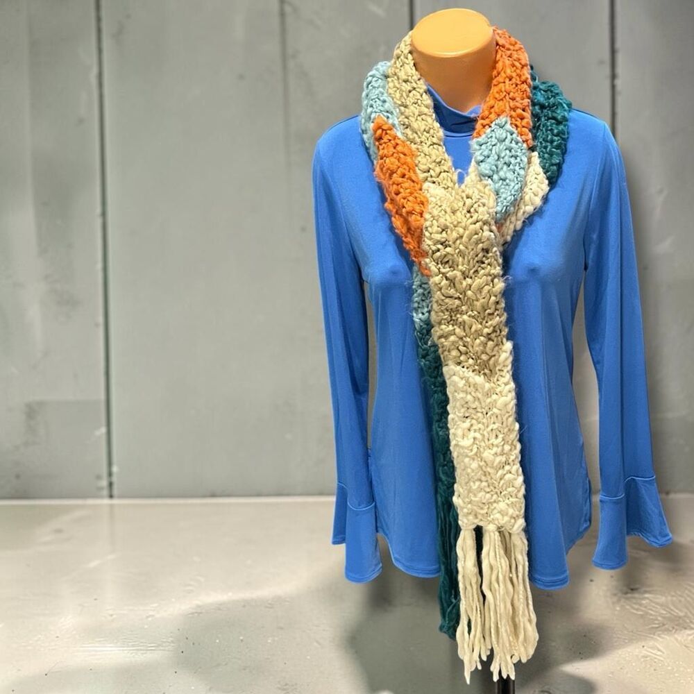 Chunky Knit Extra Long Scarf Teal Blue Orange Cream Fringe 100โ
